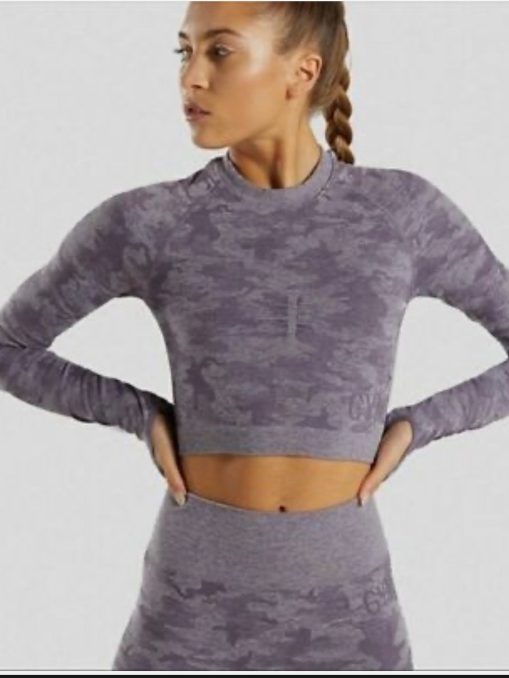 Gymshark Adapt Camo Purple Gray Seamless Long Sleeve Crop Top Size Small‎